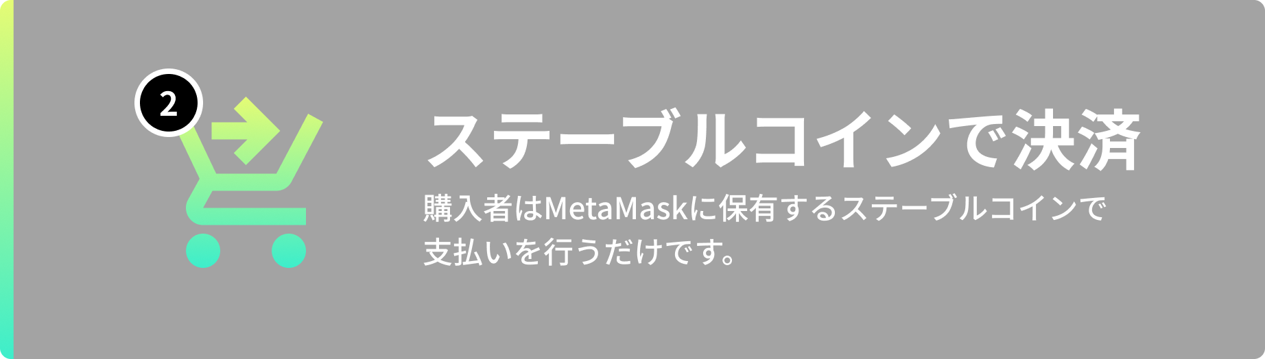 ステーブルコインで決済
購入者はMetaMaskに保有するステーブルコインで
支払いを行うだけです。